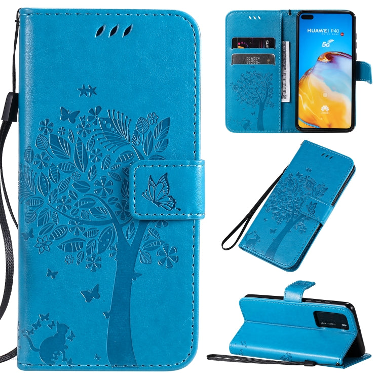 Tree & Cat Pattern Pressed Printing Horizontal Flip PU Leather Case with Holder & Card Slots & Wallet & Lanyard, For Huawei P40 Pro, For Huawei P40