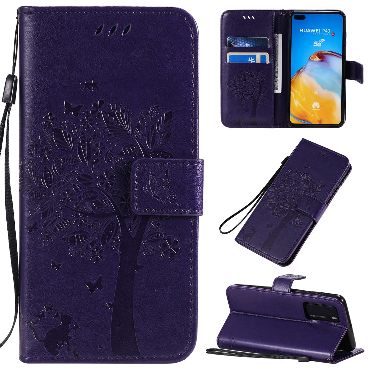 Tree & Cat Pattern Pressed Printing Horizontal Flip PU Leather Case with Holder & Card Slots & Wallet & Lanyard, For Huawei P40 Pro, For Huawei P40