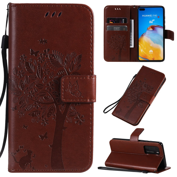 Tree & Cat Pattern Pressed Printing Horizontal Flip PU Leather Case with Holder & Card Slots & Wallet & Lanyard, For Huawei P40 Pro, For Huawei P40