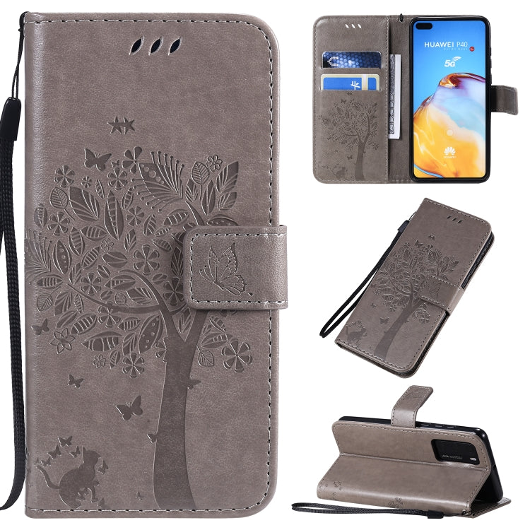 Tree & Cat Pattern Pressed Printing Horizontal Flip PU Leather Case with Holder & Card Slots & Wallet & Lanyard, For Huawei P40 Pro, For Huawei P40