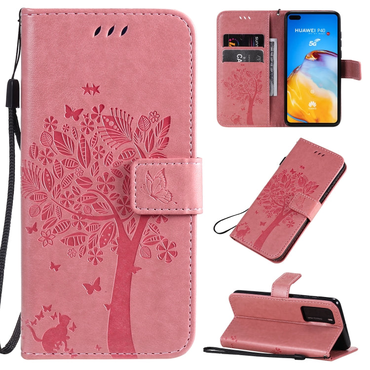 Tree & Cat Pattern Pressed Printing Horizontal Flip PU Leather Case with Holder & Card Slots & Wallet & Lanyard, For Huawei P40 Pro, For Huawei P40