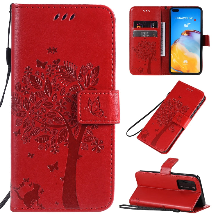Tree & Cat Pattern Pressed Printing Horizontal Flip PU Leather Case with Holder & Card Slots & Wallet & Lanyard, For Huawei P40 Pro, For Huawei P40