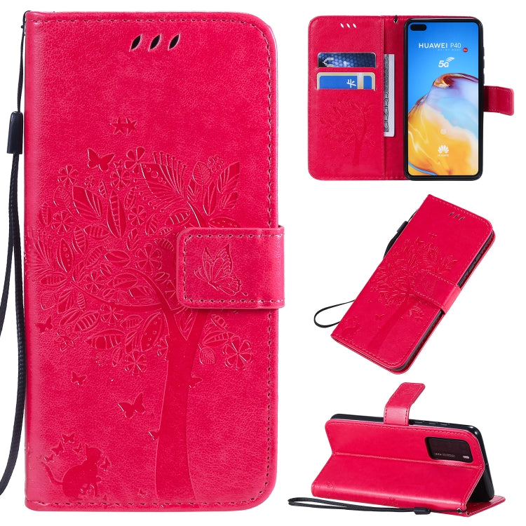 Tree & Cat Pattern Pressed Printing Horizontal Flip PU Leather Case with Holder & Card Slots & Wallet & Lanyard, For Huawei P40 Pro, For Huawei P40