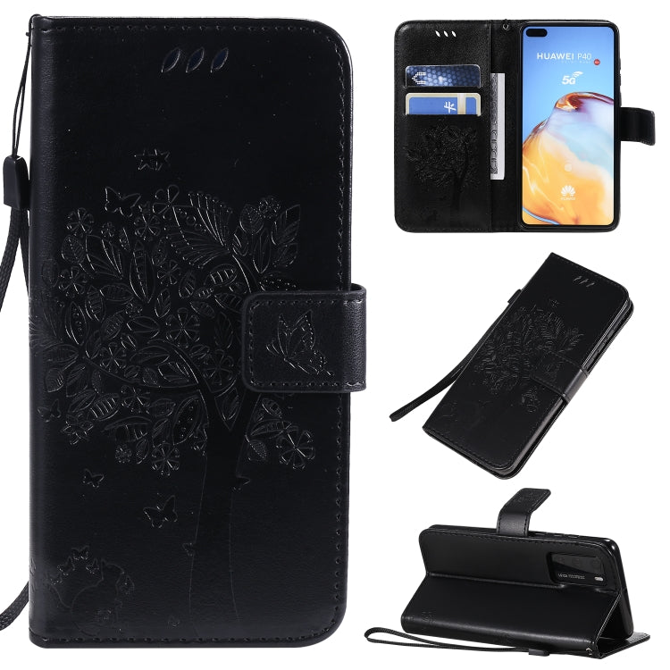Tree & Cat Pattern Pressed Printing Horizontal Flip PU Leather Case with Holder & Card Slots & Wallet & Lanyard, For Huawei P40 Pro, For Huawei P40