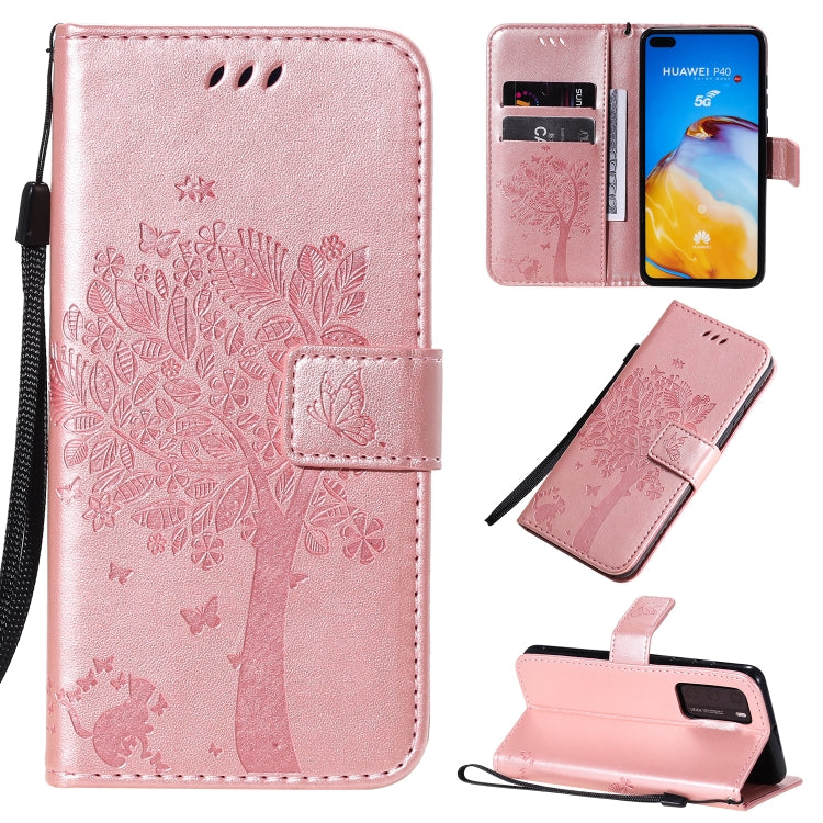 Tree & Cat Pattern Pressed Printing Horizontal Flip PU Leather Case with Holder & Card Slots & Wallet & Lanyard, For Huawei P40 Pro, For Huawei P40