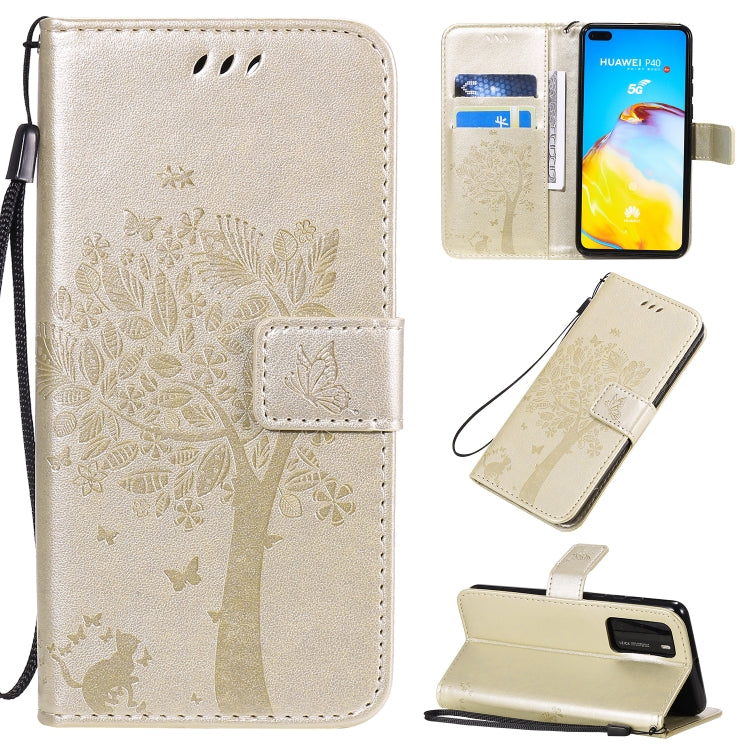 Tree & Cat Pattern Pressed Printing Horizontal Flip PU Leather Case with Holder & Card Slots & Wallet & Lanyard, For Huawei P40 Pro, For Huawei P40