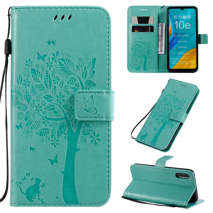 Tree & Cat Pattern Pressed Printing Horizontal Flip PU Leather Case with Holder & Card Slots & Wallet & Lanyard, For Huawei Enjoy 10e, For Motorola Moto E7
