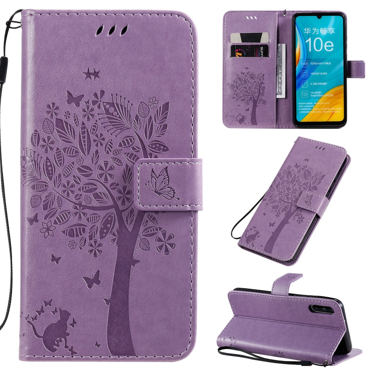 Tree & Cat Pattern Pressed Printing Horizontal Flip PU Leather Case with Holder & Card Slots & Wallet & Lanyard, For Huawei Enjoy 10e, For Motorola Moto E7
