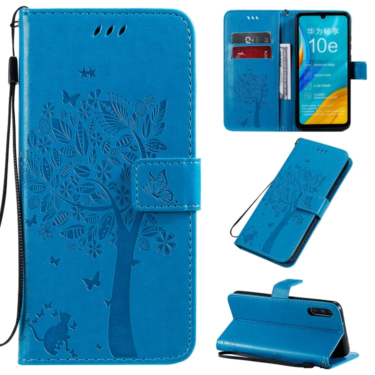 Tree & Cat Pattern Pressed Printing Horizontal Flip PU Leather Case with Holder & Card Slots & Wallet & Lanyard, For Huawei Enjoy 10e, For Motorola Moto E7