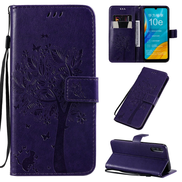 Tree & Cat Pattern Pressed Printing Horizontal Flip PU Leather Case with Holder & Card Slots & Wallet & Lanyard, For Huawei Enjoy 10e, For Motorola Moto E7
