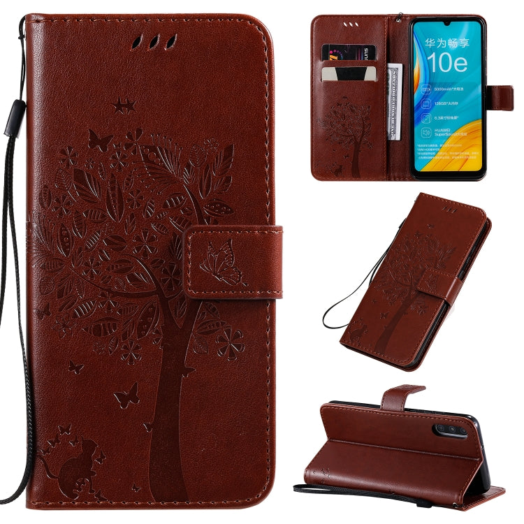 Tree & Cat Pattern Pressed Printing Horizontal Flip PU Leather Case with Holder & Card Slots & Wallet & Lanyard, For Huawei Enjoy 10e, For Motorola Moto E7