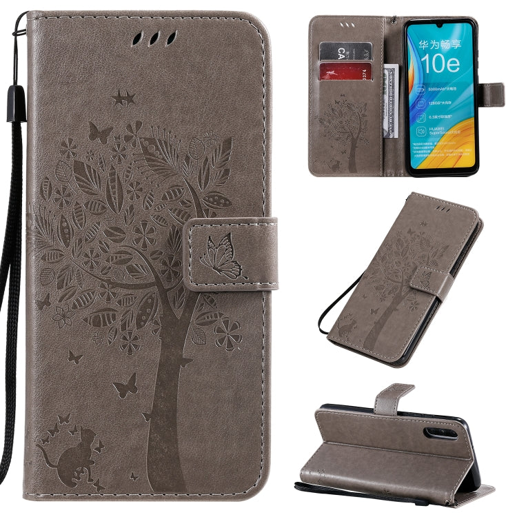 Tree & Cat Pattern Pressed Printing Horizontal Flip PU Leather Case with Holder & Card Slots & Wallet & Lanyard, For Huawei Enjoy 10e, For Motorola Moto E7