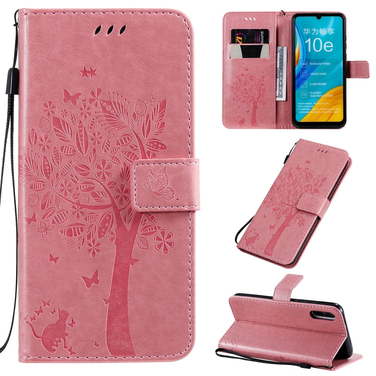 Tree & Cat Pattern Pressed Printing Horizontal Flip PU Leather Case with Holder & Card Slots & Wallet & Lanyard, For Huawei Enjoy 10e, For Motorola Moto E7