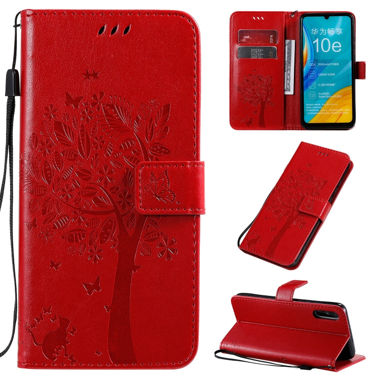 Tree & Cat Pattern Pressed Printing Horizontal Flip PU Leather Case with Holder & Card Slots & Wallet & Lanyard, For Huawei Enjoy 10e, For Motorola Moto E7