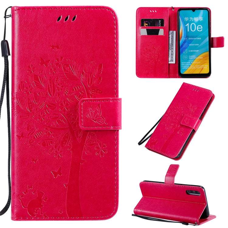 Tree & Cat Pattern Pressed Printing Horizontal Flip PU Leather Case with Holder & Card Slots & Wallet & Lanyard, For Huawei Enjoy 10e, For Motorola Moto E7
