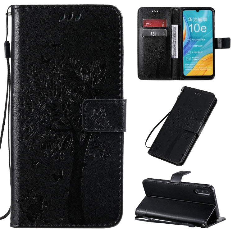 Tree & Cat Pattern Pressed Printing Horizontal Flip PU Leather Case with Holder & Card Slots & Wallet & Lanyard, For Huawei Enjoy 10e, For Motorola Moto E7