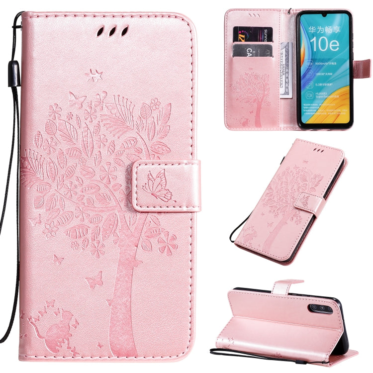 Tree & Cat Pattern Pressed Printing Horizontal Flip PU Leather Case with Holder & Card Slots & Wallet & Lanyard, For Huawei Enjoy 10e, For Motorola Moto E7