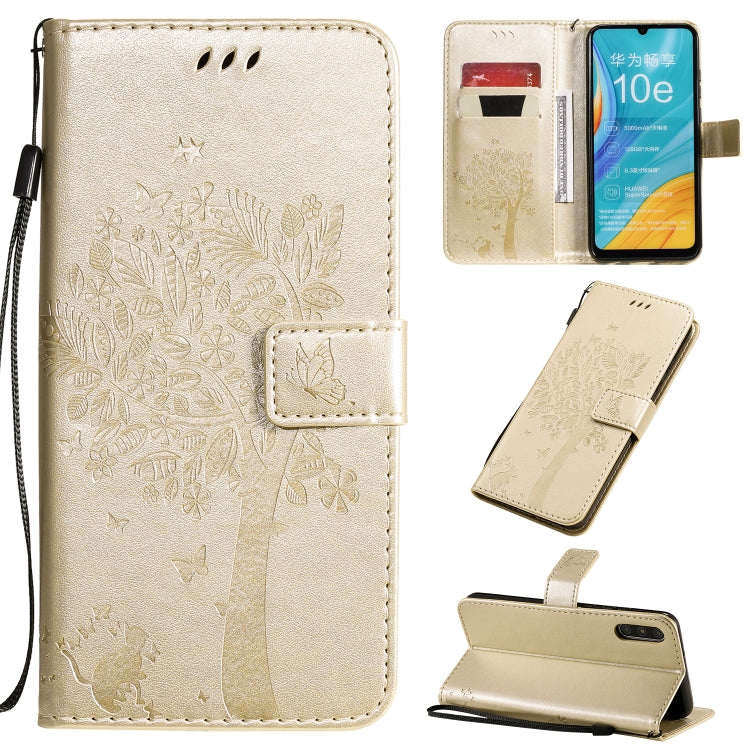 Tree & Cat Pattern Pressed Printing Horizontal Flip PU Leather Case with Holder & Card Slots & Wallet & Lanyard, For Huawei Enjoy 10e, For Motorola Moto E7