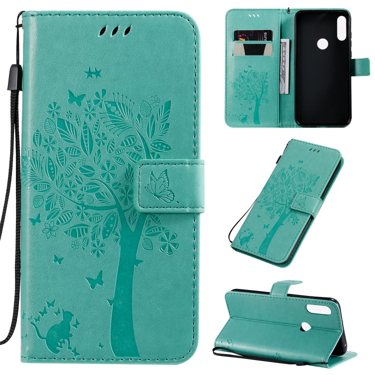 Tree & Cat Pattern Pressed Printing Horizontal Flip PU Leather Case with Holder & Card Slots & Wallet & Lanyard, For Huawei Enjoy 10e, For Motorola Moto E7