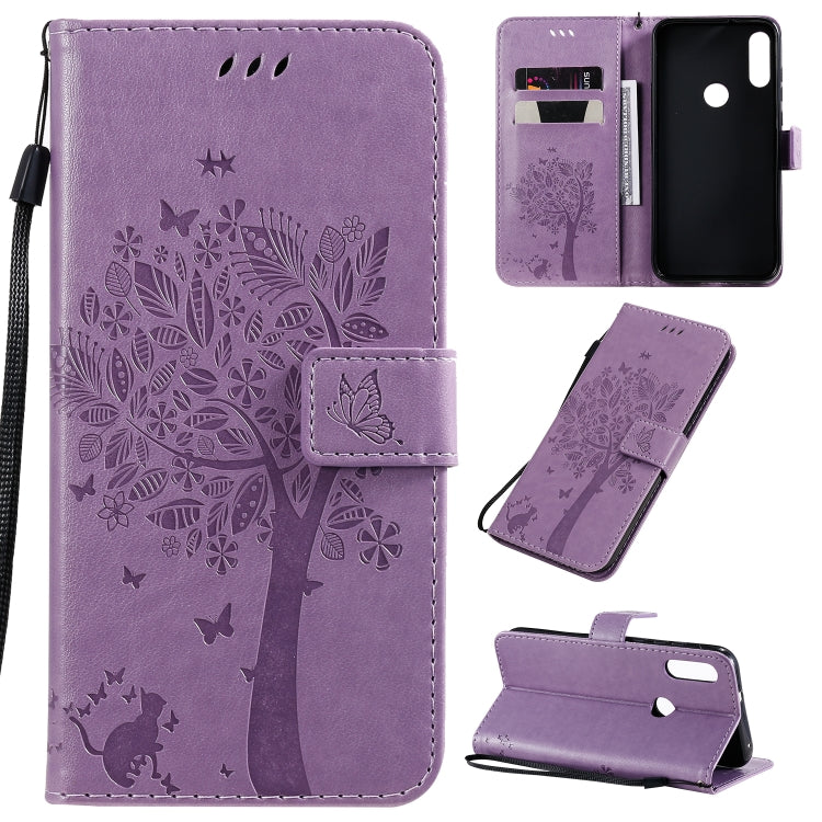 Tree & Cat Pattern Pressed Printing Horizontal Flip PU Leather Case with Holder & Card Slots & Wallet & Lanyard, For Huawei Enjoy 10e, For Motorola Moto E7