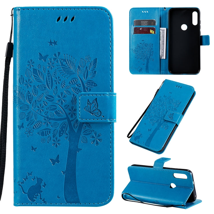 Tree & Cat Pattern Pressed Printing Horizontal Flip PU Leather Case with Holder & Card Slots & Wallet & Lanyard, For Huawei Enjoy 10e, For Motorola Moto E7