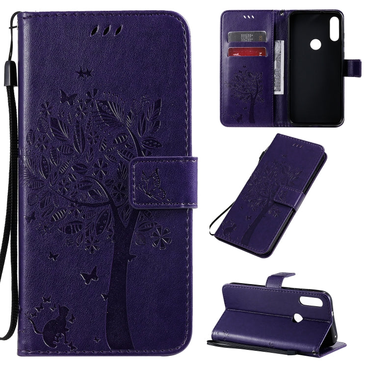Tree & Cat Pattern Pressed Printing Horizontal Flip PU Leather Case with Holder & Card Slots & Wallet & Lanyard, For Huawei Enjoy 10e, For Motorola Moto E7