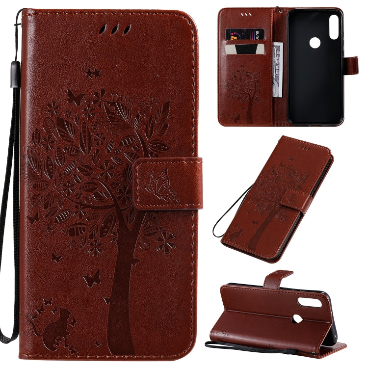 Tree & Cat Pattern Pressed Printing Horizontal Flip PU Leather Case with Holder & Card Slots & Wallet & Lanyard, For Huawei Enjoy 10e, For Motorola Moto E7