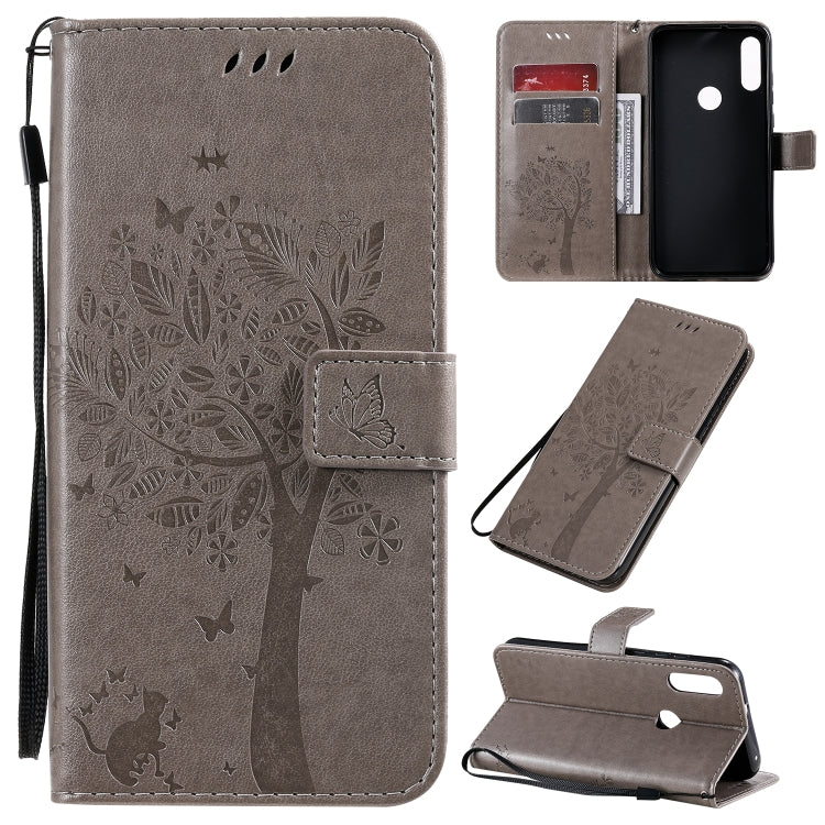 Tree & Cat Pattern Pressed Printing Horizontal Flip PU Leather Case with Holder & Card Slots & Wallet & Lanyard, For Huawei Enjoy 10e, For Motorola Moto E7