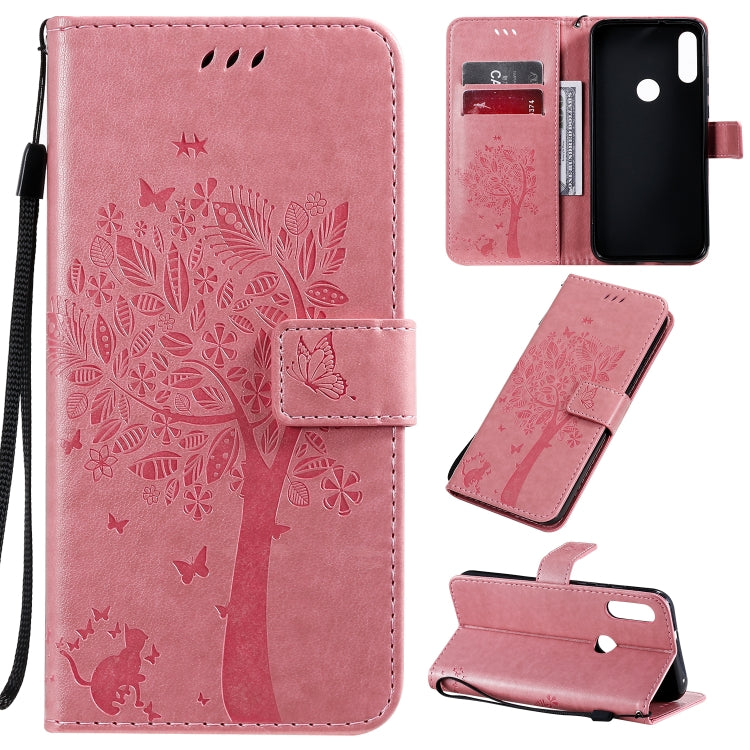 Tree & Cat Pattern Pressed Printing Horizontal Flip PU Leather Case with Holder & Card Slots & Wallet & Lanyard, For Huawei Enjoy 10e, For Motorola Moto E7