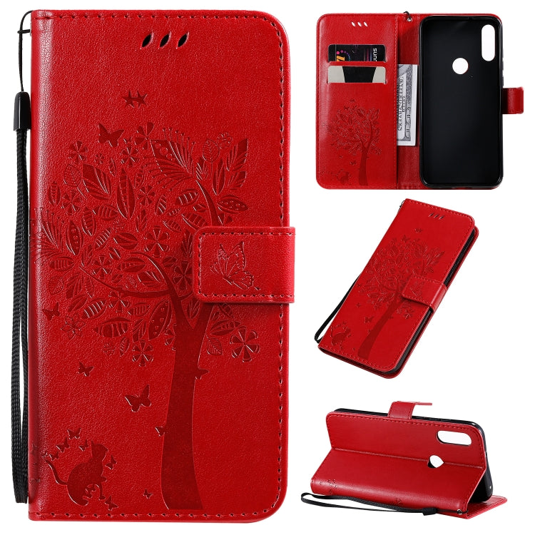 Tree & Cat Pattern Pressed Printing Horizontal Flip PU Leather Case with Holder & Card Slots & Wallet & Lanyard, For Huawei Enjoy 10e, For Motorola Moto E7