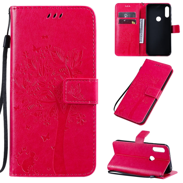 Tree & Cat Pattern Pressed Printing Horizontal Flip PU Leather Case with Holder & Card Slots & Wallet & Lanyard, For Huawei Enjoy 10e, For Motorola Moto E7