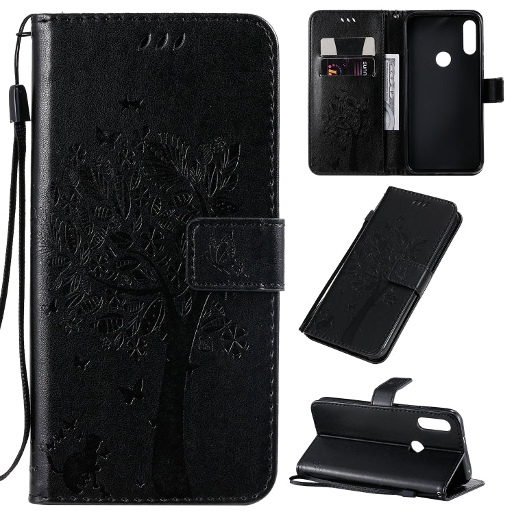 Tree & Cat Pattern Pressed Printing Horizontal Flip PU Leather Case with Holder & Card Slots & Wallet & Lanyard, For Huawei Enjoy 10e, For Motorola Moto E7