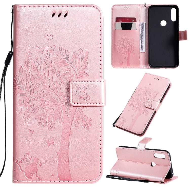 Tree & Cat Pattern Pressed Printing Horizontal Flip PU Leather Case with Holder & Card Slots & Wallet & Lanyard, For Huawei Enjoy 10e, For Motorola Moto E7