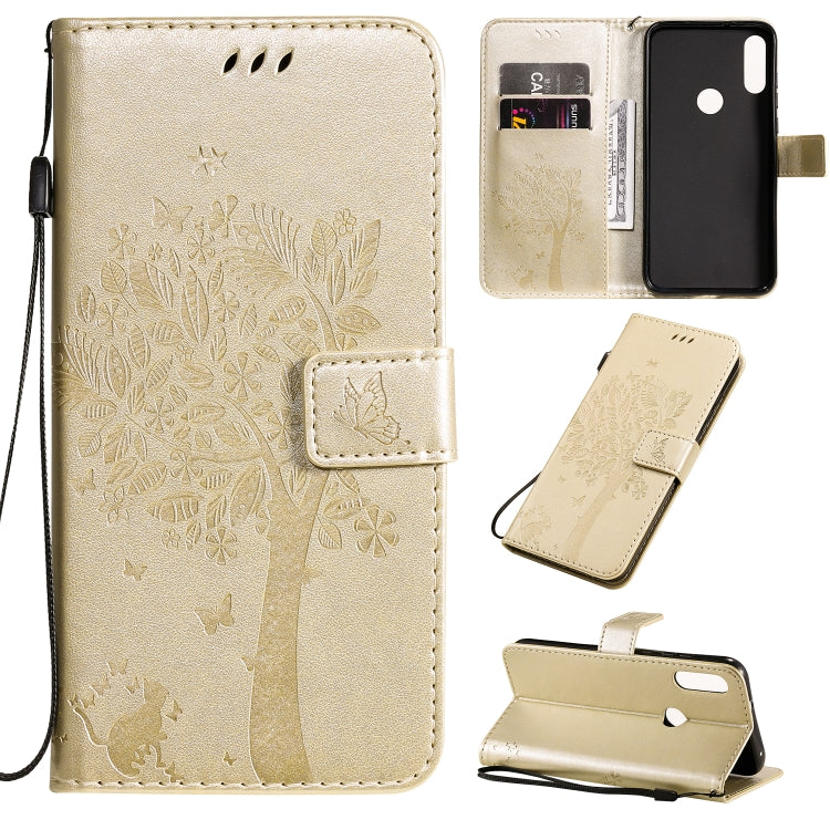 Tree & Cat Pattern Pressed Printing Horizontal Flip PU Leather Case with Holder & Card Slots & Wallet & Lanyard, For Huawei Enjoy 10e, For Motorola Moto E7