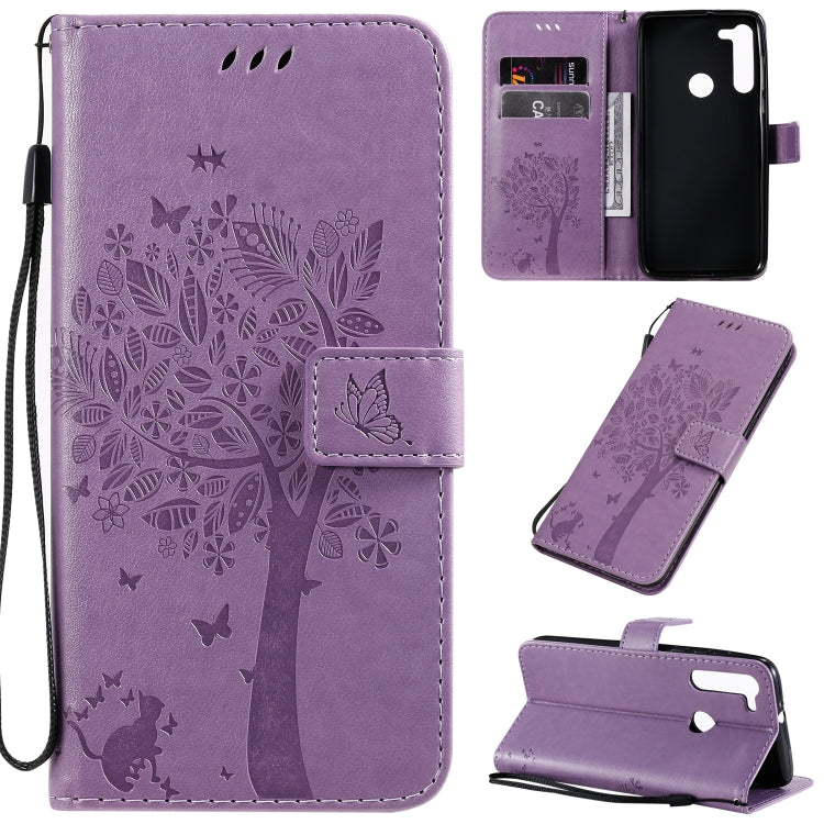 Tree & Cat Pattern Pressed Printing Horizontal Flip PU Leather Case with Holder & Card Slots & Wallet & Lanyard, For Motorola Moto G8, For Galaxy A91 / M80S
