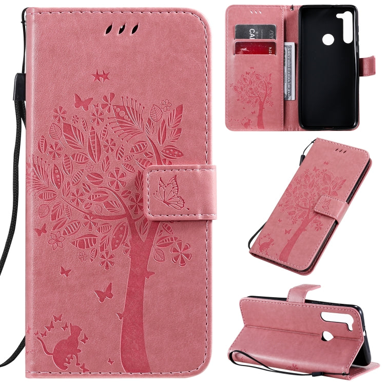 Tree & Cat Pattern Pressed Printing Horizontal Flip PU Leather Case with Holder & Card Slots & Wallet & Lanyard, For Motorola Moto G8, For Galaxy A91 / M80S
