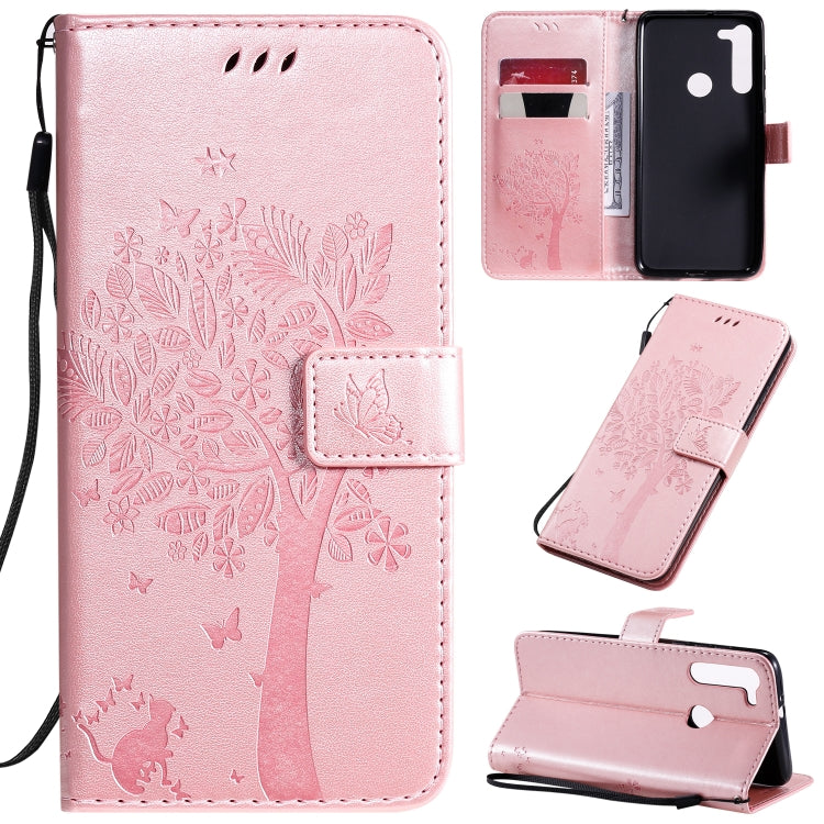 Tree & Cat Pattern Pressed Printing Horizontal Flip PU Leather Case with Holder & Card Slots & Wallet & Lanyard, For Motorola Moto G8, For Galaxy A91 / M80S