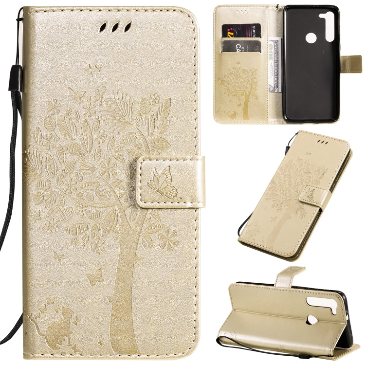 Tree & Cat Pattern Pressed Printing Horizontal Flip PU Leather Case with Holder & Card Slots & Wallet & Lanyard, For Motorola Moto G8, For Galaxy A91 / M80S