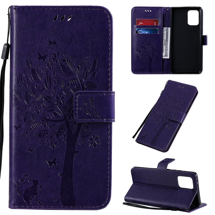 Tree & Cat Pattern Pressed Printing Horizontal Flip PU Leather Case with Holder & Card Slots & Wallet & Lanyard, For Motorola Moto G8, For Galaxy A91 / M80S