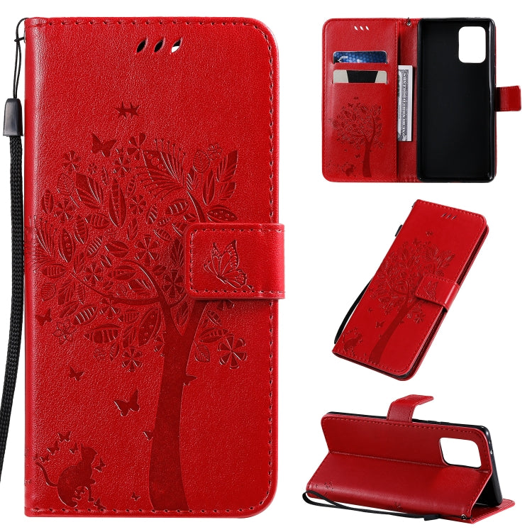 Tree & Cat Pattern Pressed Printing Horizontal Flip PU Leather Case with Holder & Card Slots & Wallet & Lanyard, For Motorola Moto G8, For Galaxy A91 / M80S