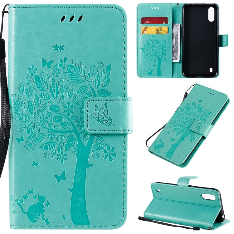 Tree & Cat Pattern Pressed Printing Horizontal Flip PU Leather Case with Holder & Card Slots & Wallet & Lanyard, For Galaxy A01, For Galaxy A21