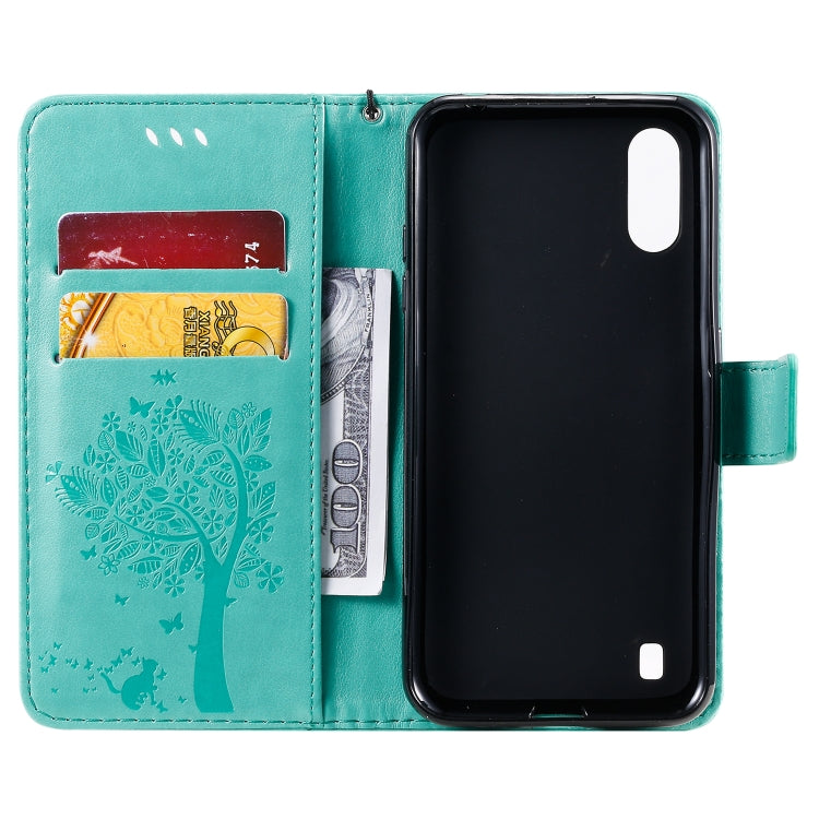 Tree & Cat Pattern Pressed Printing Horizontal Flip PU Leather Case with Holder & Card Slots & Wallet & Lanyard, For Galaxy A01, For Galaxy A21