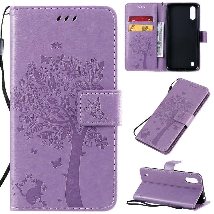 Tree & Cat Pattern Pressed Printing Horizontal Flip PU Leather Case with Holder & Card Slots & Wallet & Lanyard, For Galaxy A01, For Galaxy A21