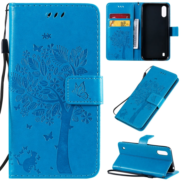 Tree & Cat Pattern Pressed Printing Horizontal Flip PU Leather Case with Holder & Card Slots & Wallet & Lanyard, For Galaxy A01, For Galaxy A21