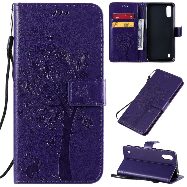 Tree & Cat Pattern Pressed Printing Horizontal Flip PU Leather Case with Holder & Card Slots & Wallet & Lanyard, For Galaxy A01, For Galaxy A21