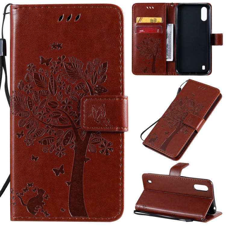Tree & Cat Pattern Pressed Printing Horizontal Flip PU Leather Case with Holder & Card Slots & Wallet & Lanyard, For Galaxy A01, For Galaxy A21