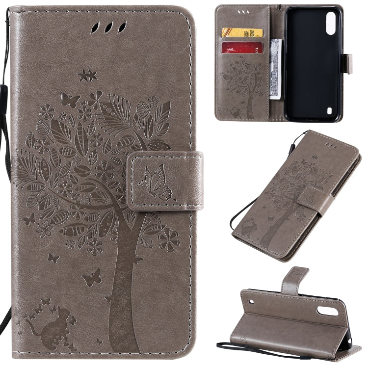 Tree & Cat Pattern Pressed Printing Horizontal Flip PU Leather Case with Holder & Card Slots & Wallet & Lanyard, For Galaxy A01, For Galaxy A21