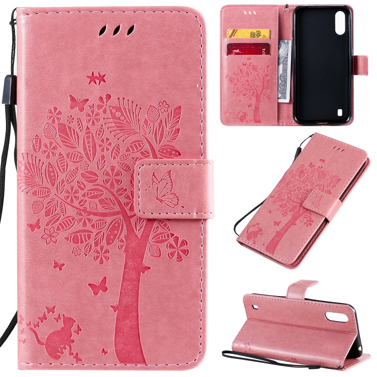 Tree & Cat Pattern Pressed Printing Horizontal Flip PU Leather Case with Holder & Card Slots & Wallet & Lanyard, For Galaxy A01, For Galaxy A21