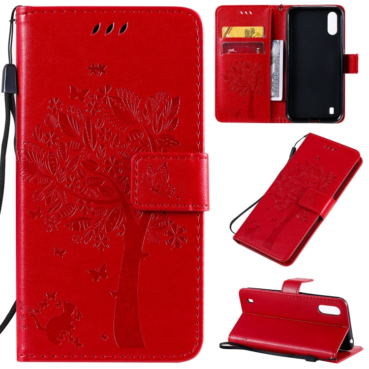 Tree & Cat Pattern Pressed Printing Horizontal Flip PU Leather Case with Holder & Card Slots & Wallet & Lanyard, For Galaxy A01, For Galaxy A21