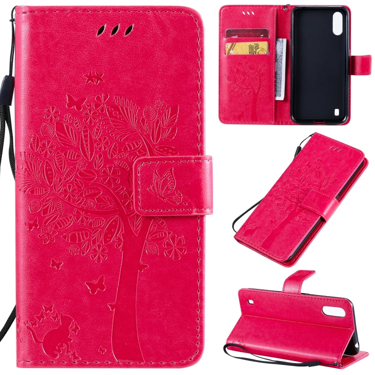 Tree & Cat Pattern Pressed Printing Horizontal Flip PU Leather Case with Holder & Card Slots & Wallet & Lanyard, For Galaxy A01, For Galaxy A21